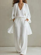 Women's casual V-neck cardigan coat, pocket vest, and long pants three-piece set by FitiqueFit, styled for comfort and everyday wear.