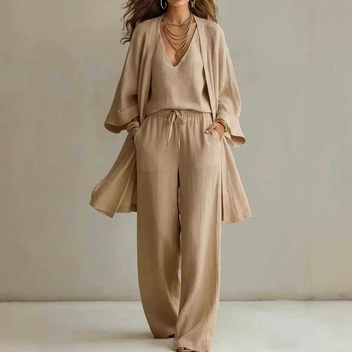 Women's casual three-piece set by FitiqueFit, V-neck cardigan coat, pocket vest, and long pants ensemble.