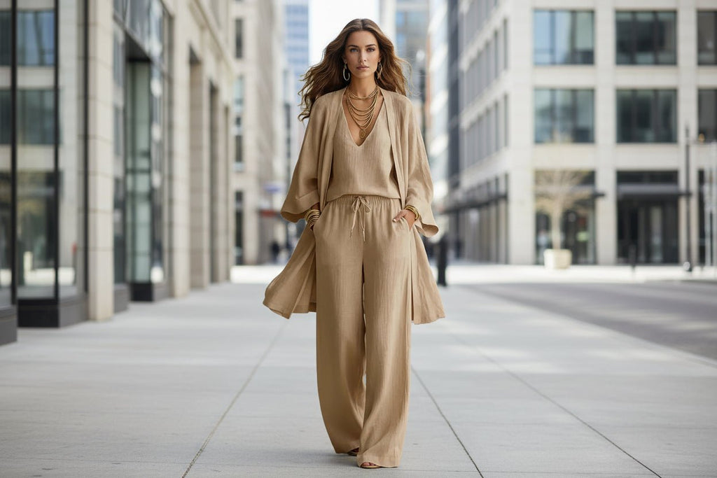 Women's casual three-piece set by FitiqueFit featuring a V-neck cardigan coat, pocket vest, and long pants.