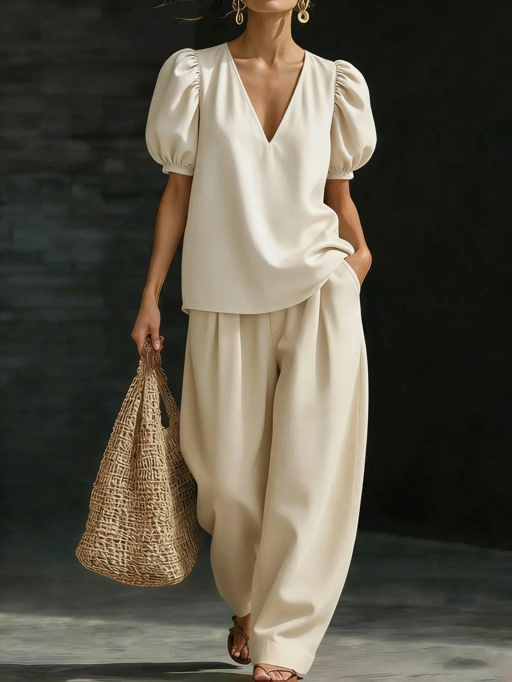 Women’s V-neck casual two-piece set by FitiqueFit featuring a relaxed fit top and matching pants, ideal for everyday wear.