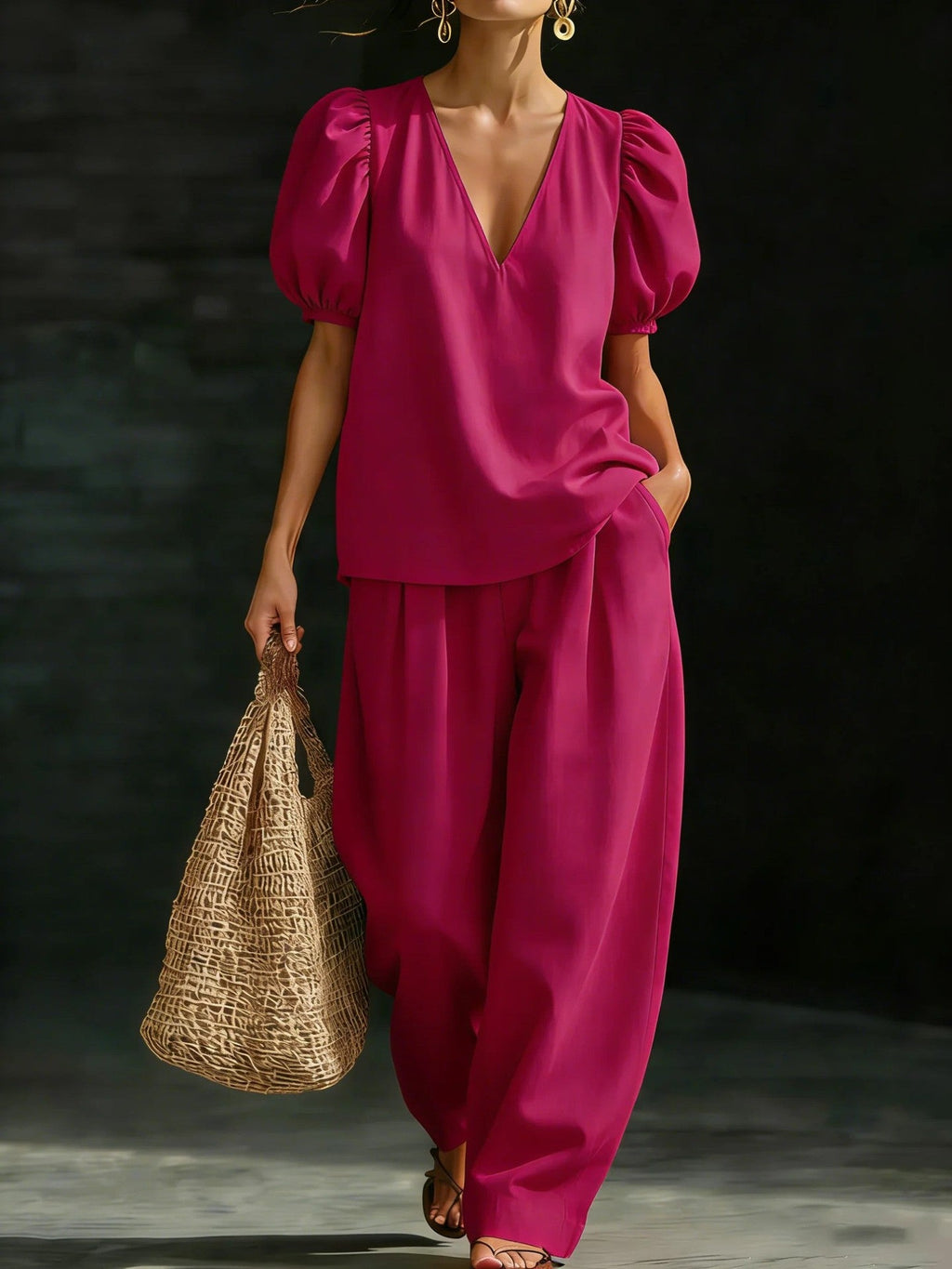 Women’s V-neck casual two-piece set by FitiqueFit featuring a relaxed fit top and matching pants, perfect for comfortable everyday wear.