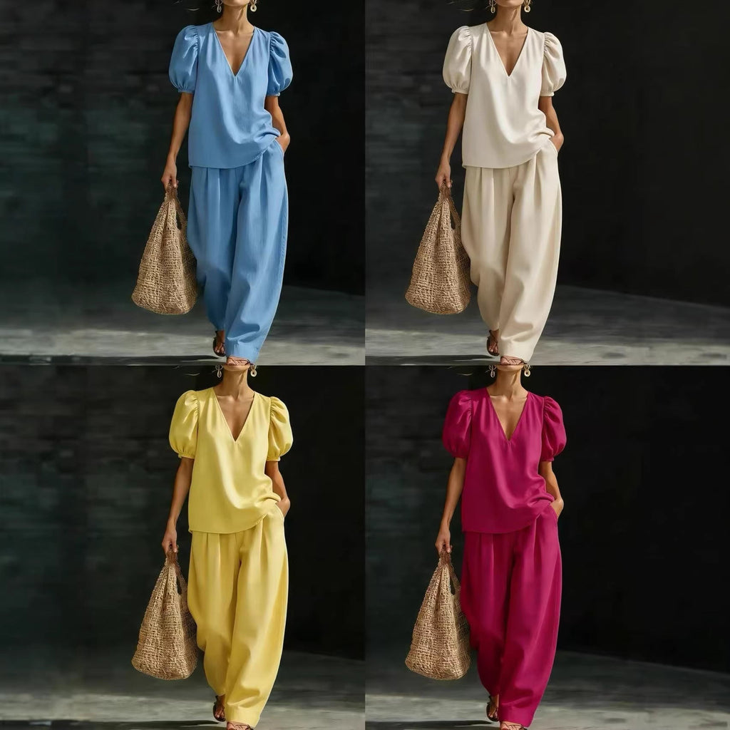 Women’s V-neck casual two-piece set by FitiqueFit, featuring a relaxed fit top and matching pants in soft fabric.