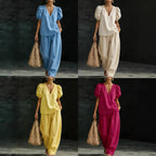 Women’s V-neck casual two-piece set by FitiqueFit, featuring a relaxed fit top and matching pants in soft fabric.
