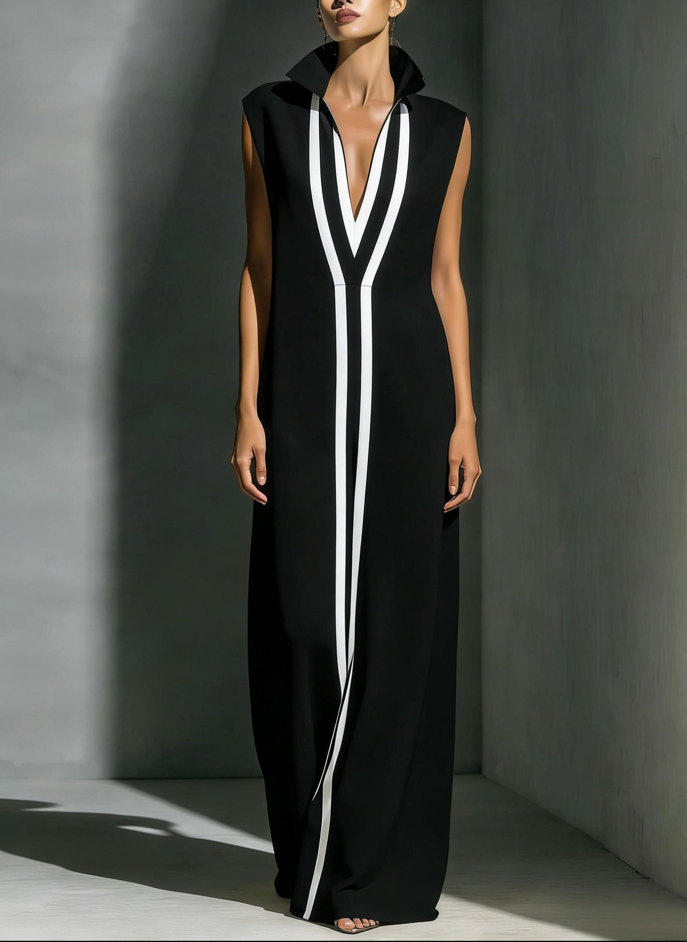 Women's V-Neck Color-Block Sleeveless A-Line Maxi Dress by FitiqueFit in four colors, available in XS to 2XL, casual and stylish.