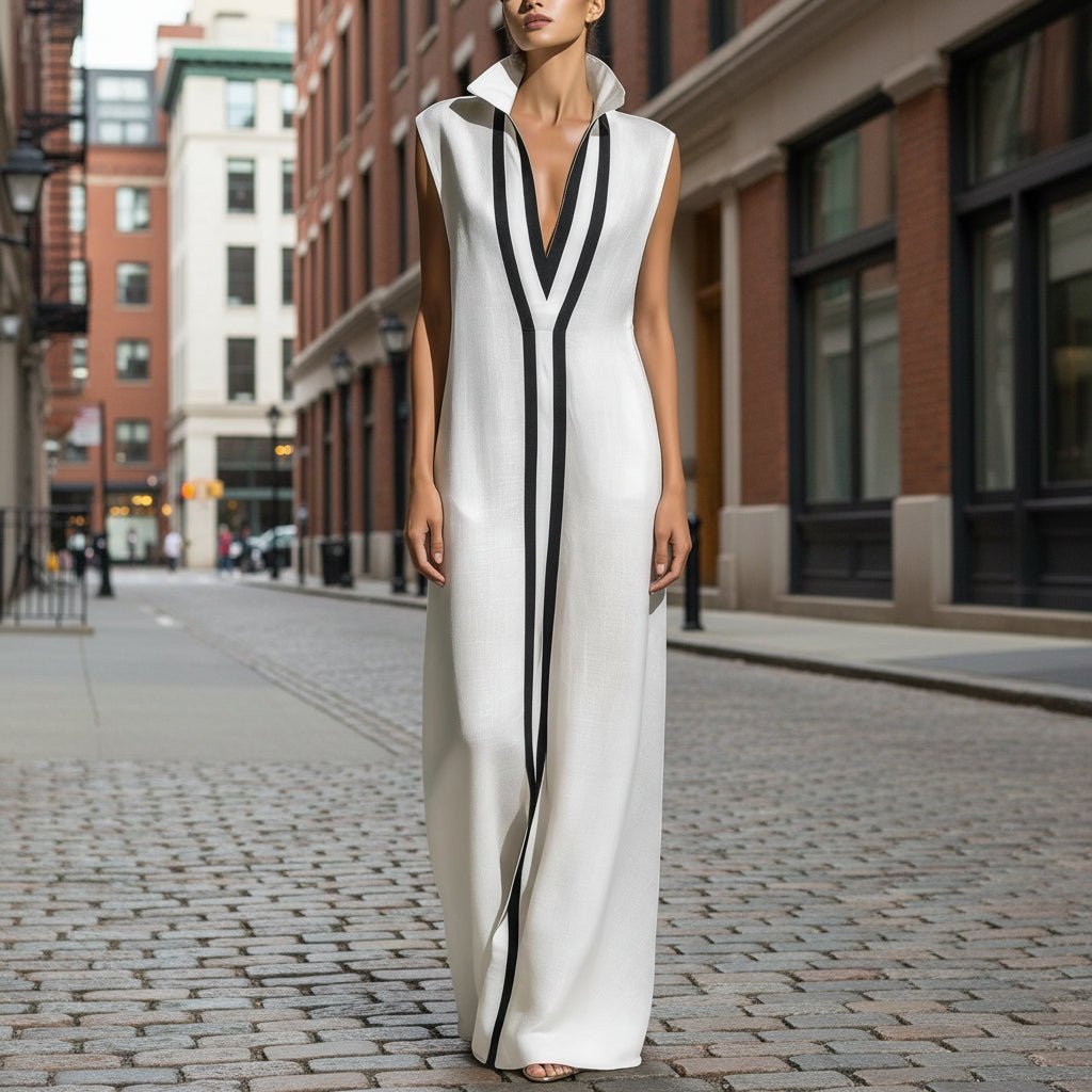Women's V-Neck Color-Block Sleeveless A-Line Maxi Dress by FitiqueFit in four colors, available in XS to 2XL, showcasing a stylish summer look.