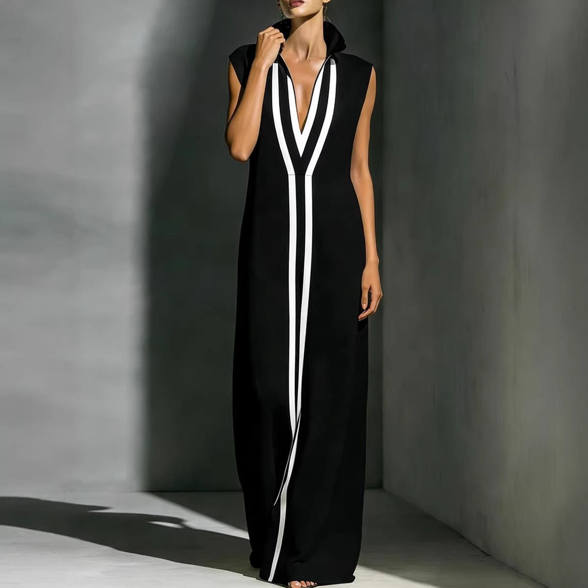 Women’s V-neck color-block sleeveless A-line maxi dress by FitiqueFit in four colors, available in XS to 2XL, shown with side view.