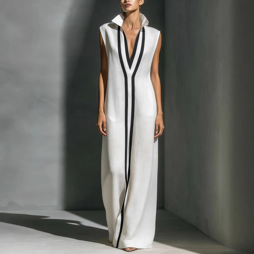 Women's V-Neck Color-Block Sleeveless A-Line Maxi Dress by FitiqueFit in four colors, available in XS to 2XL, featuring a stylish design.