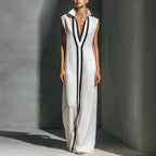 Women's V-Neck Color-Block Sleeveless A-Line Maxi Dress by FitiqueFit in four colors, available in XS to 2XL, featuring a stylish design.