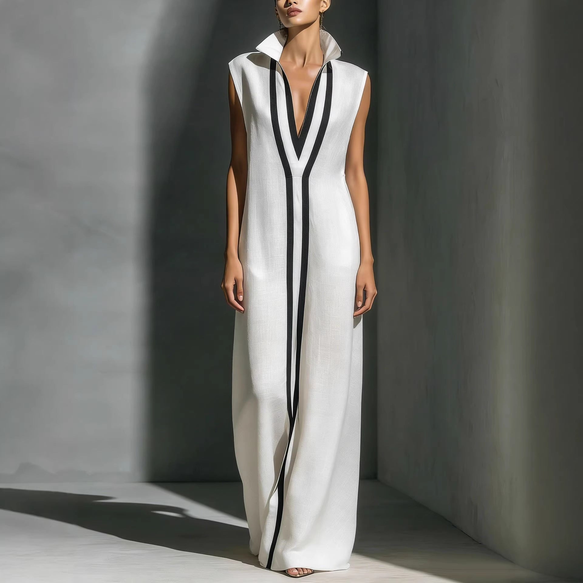 Women's V-Neck Color-Block Sleeveless A-Line Maxi Dress by FitiqueFit in four colors, available in XS to 2XL, featuring a stylish design.
