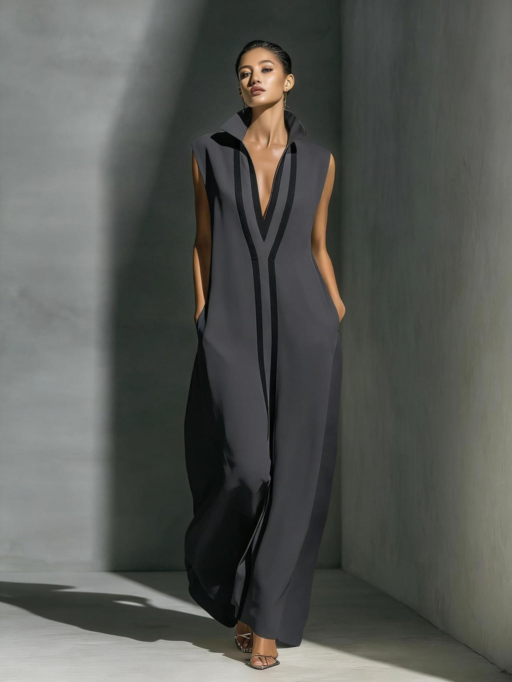 Women's V-neck color-block sleeveless A-line maxi dress by FitiqueFit in four colors, available in XS to 2XL.