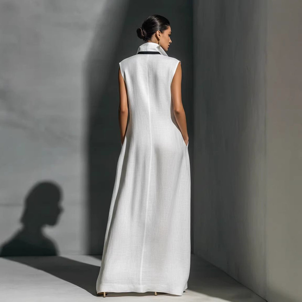Women’s V-neck color-block sleeveless A-line maxi dress by FitiqueFit in four colors, shown on a model.
