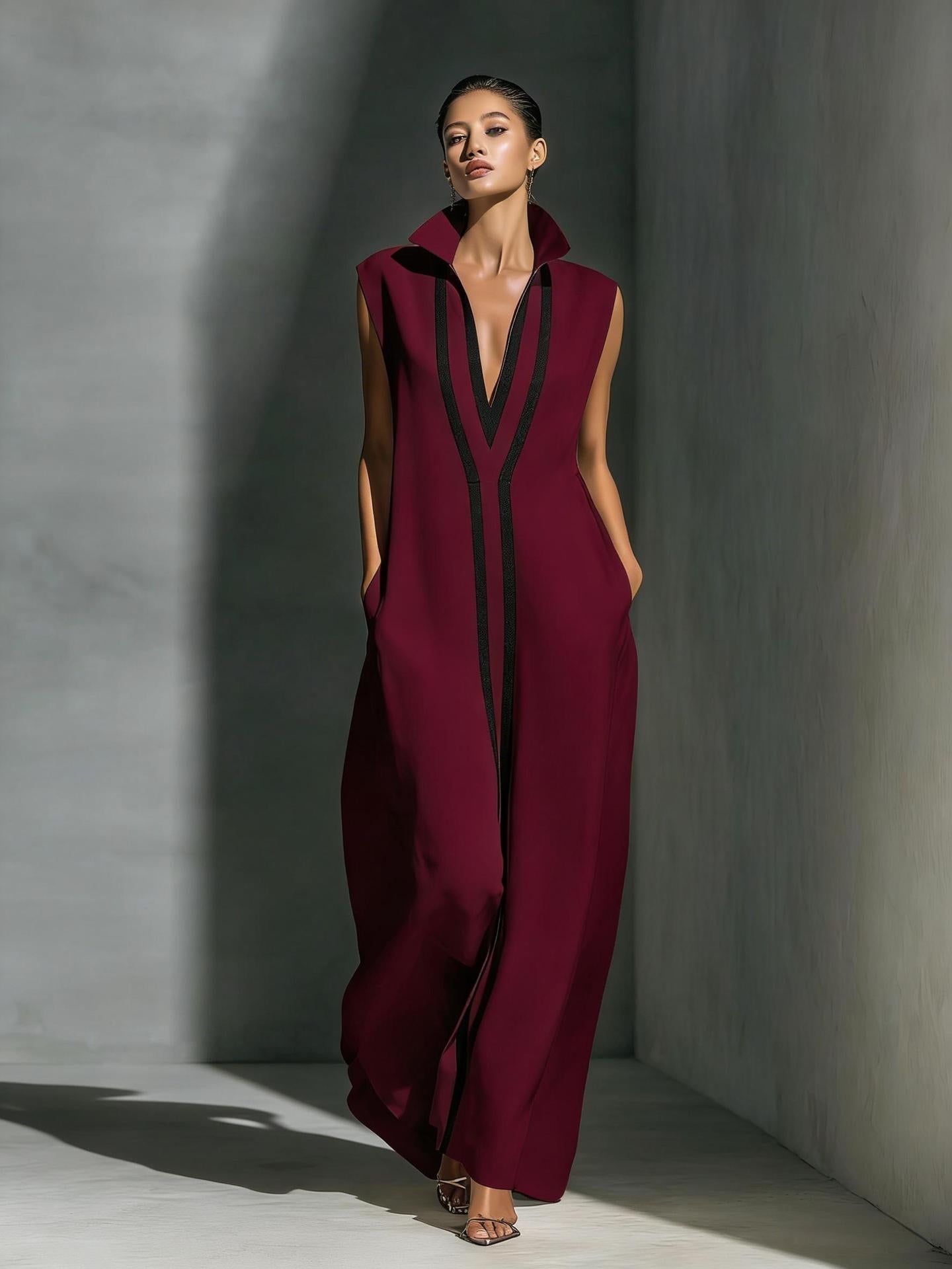 Women's V-Neck Color-Block Sleeveless A-Line Maxi Dress by FitiqueFit in four colors, featuring a flattering V-neck and sleeveless design.