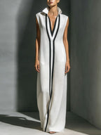 Women's V-Neck Color-Block Sleeveless A-Line Maxi Dress by FitiqueFit in four colors, available in XS to 2XL, showcasing a stylish design.