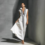 Women's color-block sleeveless V-neck A-line maxi dress by FitiqueFit in four vibrant colors, available in XS to 2XL.