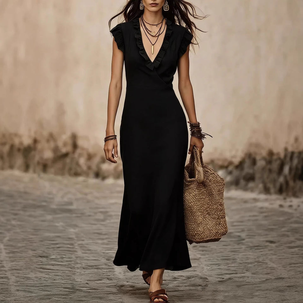 Women's V-neck cotton-linen midi dress with flutter sleeves and ruffle trim, casualwear by FitiqueFit.