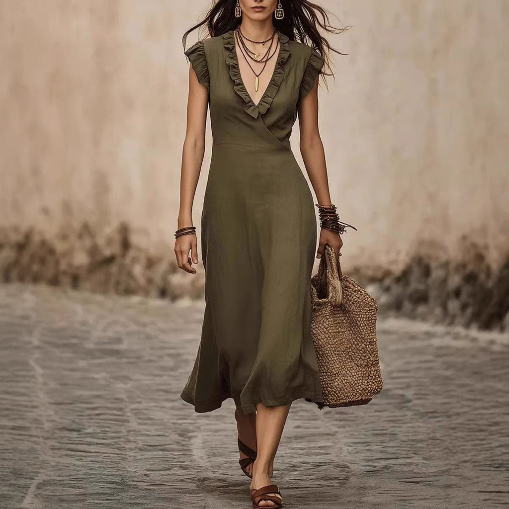 Women's V-neck cotton-linen midi dress with flutter sleeves and ruffle trim, perfect for casualwear by FitiqueFit.