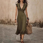 Women's V-neck cotton-linen midi dress with flutter sleeves and ruffle trim, perfect for casualwear by FitiqueFit.
