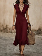 Women's V-neck cotton-linen midi dress with flutter sleeves and ruffle trim, perfect for casual wear by FitiqueFit.