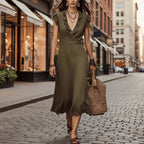 Women's V-neck cotton-linen midi dress with flutter sleeves and ruffle trim, perfect for casual wear by FitiqueFit.