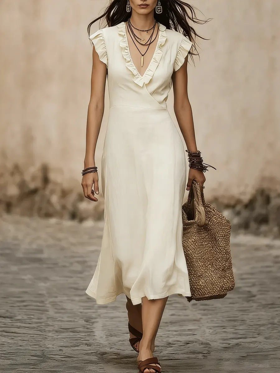Women's V-neck cotton-linen midi dress with flutter sleeves and ruffle trim, perfect casualwear by FitiqueFit.