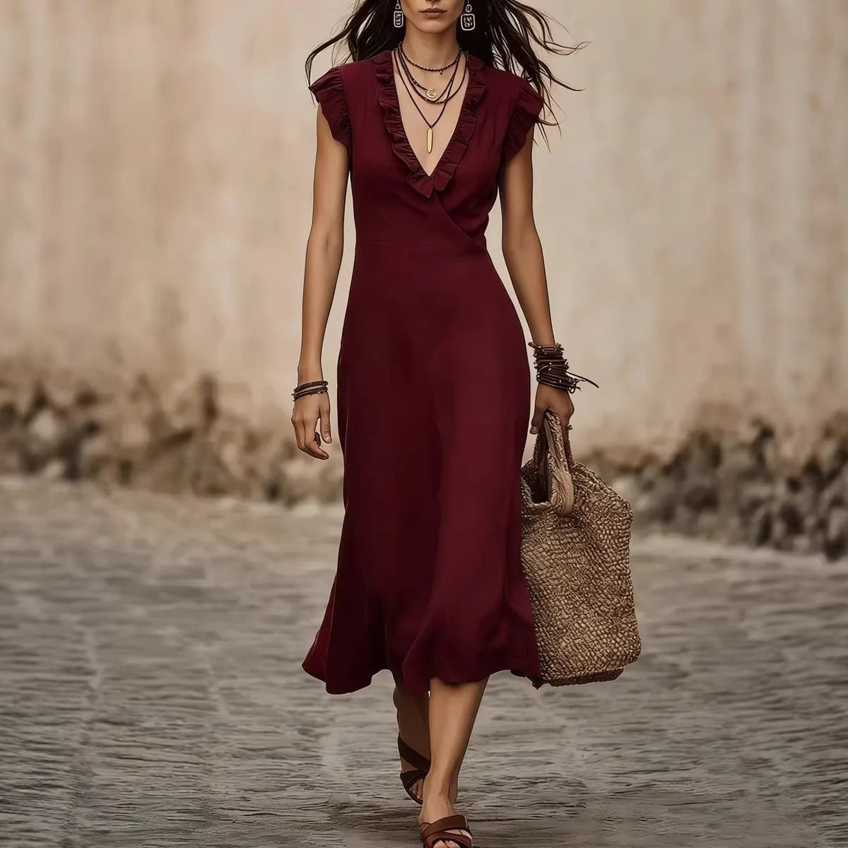 Women's V-neck cotton-linen midi dress with flutter sleeves and ruffle trim, perfect for casualwear by FitiqueFit.