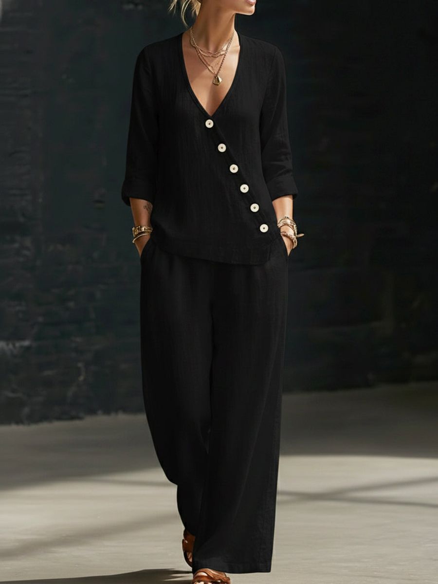 Women’s V-neck cross-over shirt and wide-leg pants casualwear set by Plush Fashion Hub, featuring a stylish and comfortable matching outfit.