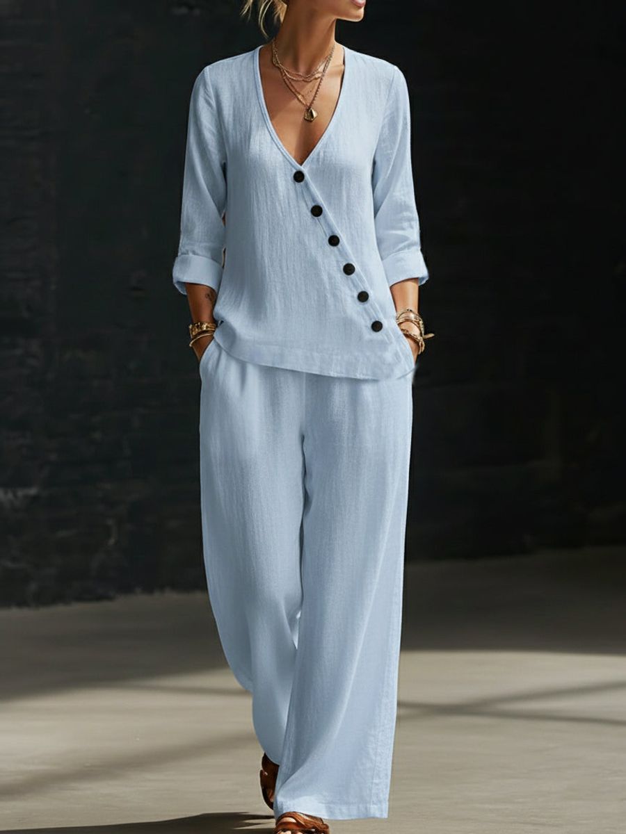 Women’s V-neck crossover shirt and wide-leg pants set by Plush Fashion Hub, casualwear with relaxed fit and stylish design.