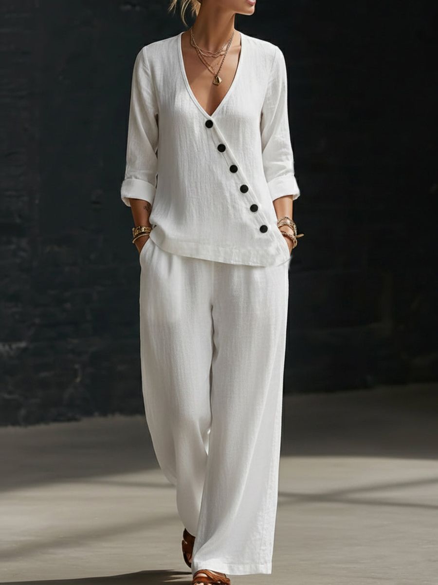Women’s V-neck crossover shirt and wide-leg pants casualwear set by Plush Fashion Hub, featuring a relaxed fit and stylish design.