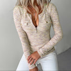 Women’s V-neck half-zipper slim-fit long-sleeve tunic top by FitiqueFit, featuring a casual V-neck design and fitted silhouette.