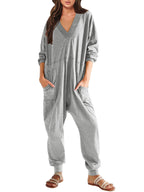 Women’s FitiqueFit V-neck long sleeve solid color loose jumpsuit with two side pockets, casual wear for women.