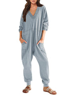 Women’s V-neck long sleeve solid color loose jumpsuit with two side pockets, casualwear by FitiqueFit