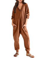 Women’s V-neck long sleeve solid color casual jumpsuit with two side pockets, by FitiqueFit, relaxed fit and comfortable design.