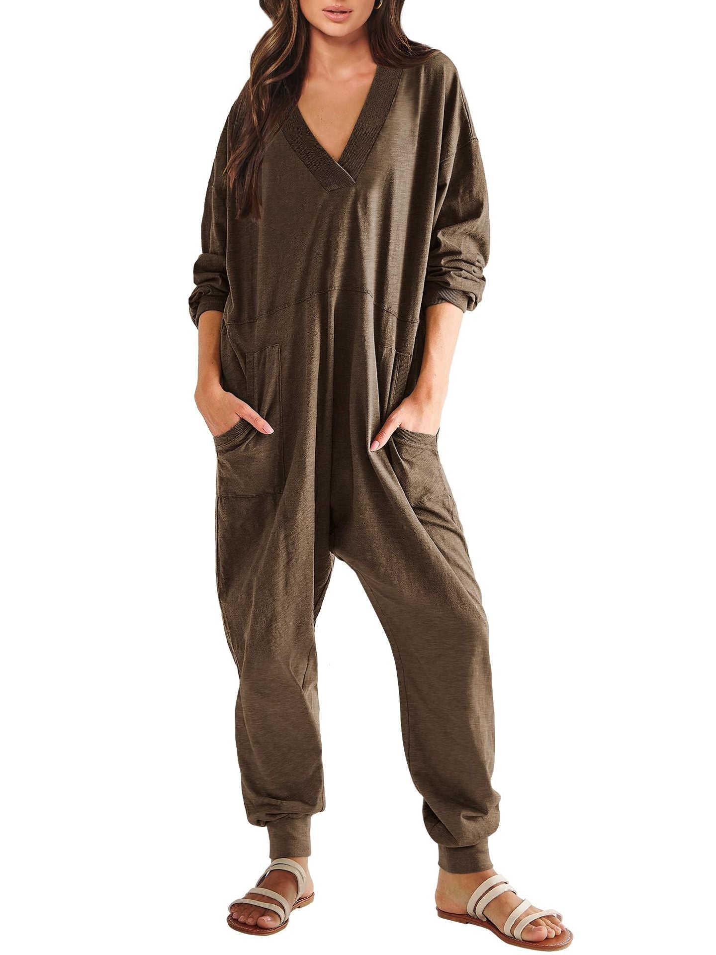 Women’s V-neck long sleeve solid color casual jumpsuit by FitiqueFit with loose fit and two side pockets.