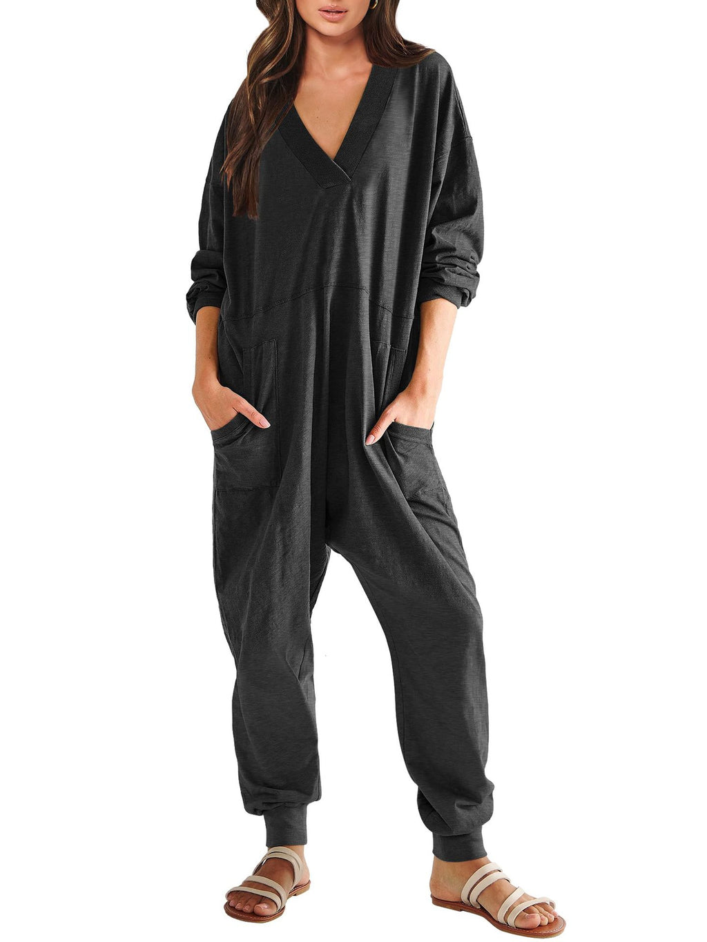 Women’s V-neck long sleeve solid color loose jumpsuit with two side pockets, casualwear by FitiqueFit.