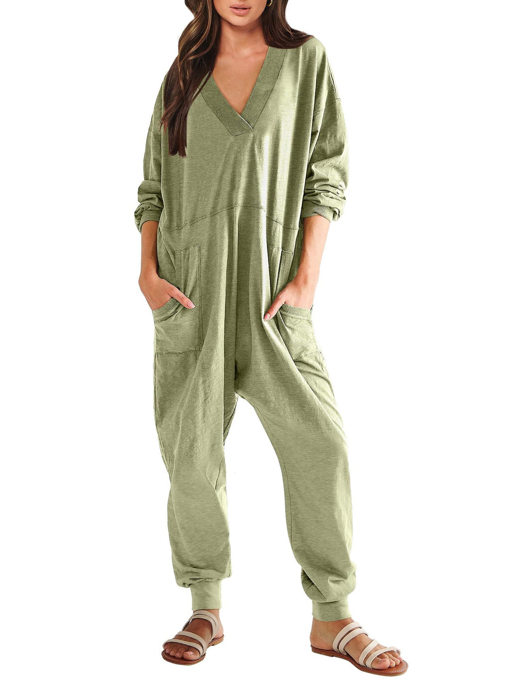 Women’s V-neck long sleeve solid color loose jumpsuit with two side pockets, casual wear by FitiqueFit.