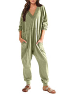 Women’s V-neck long sleeve solid color loose jumpsuit with two side pockets, casual wear by FitiqueFit.