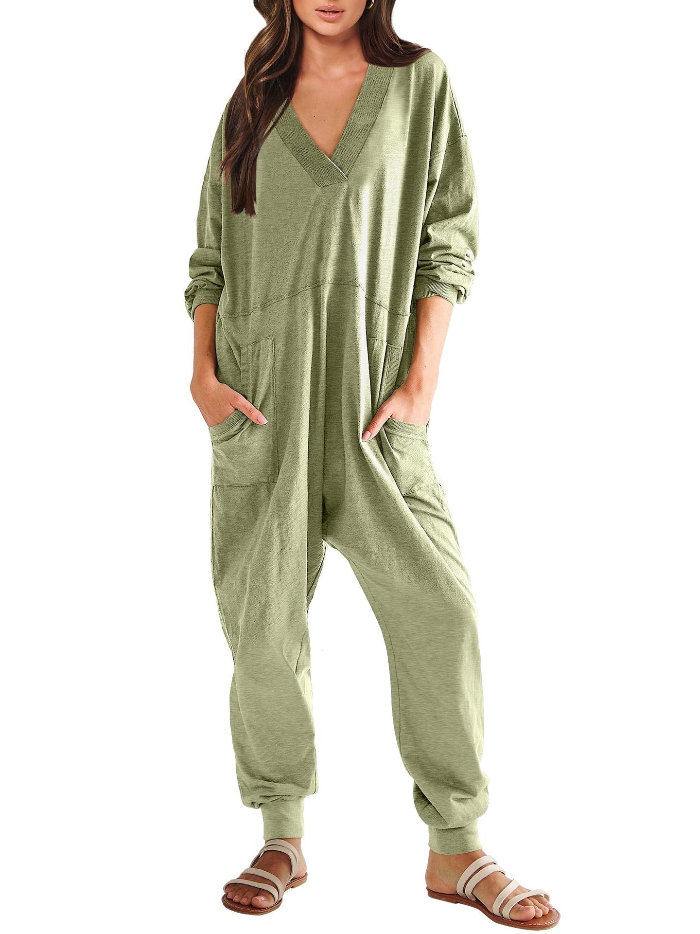 Women’s V-neck long sleeve solid color loose jumpsuit with two side pockets, casual wear by FitiqueFit.
