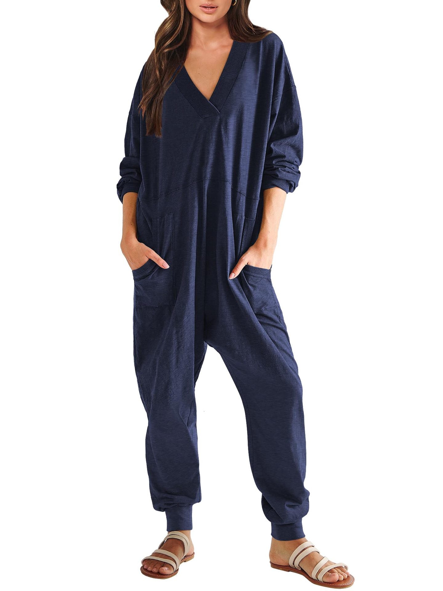 Women’s V-neck long sleeve solid color casual jumpsuit with two side pockets, by FitiqueFit, featuring a relaxed fit and comfortable design.