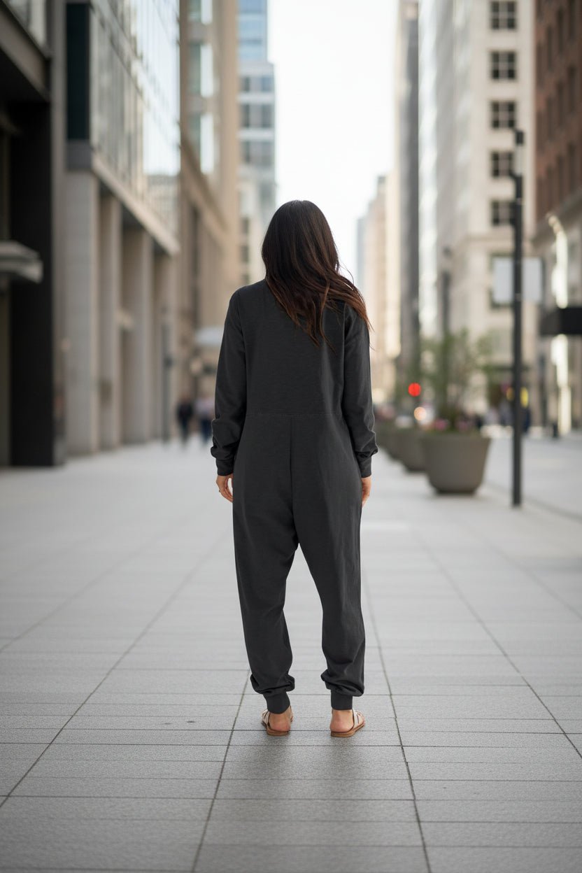 Women’s V-neck long sleeve solid color loose jumpsuit with two side pockets, casualwear by FitiqueFit.