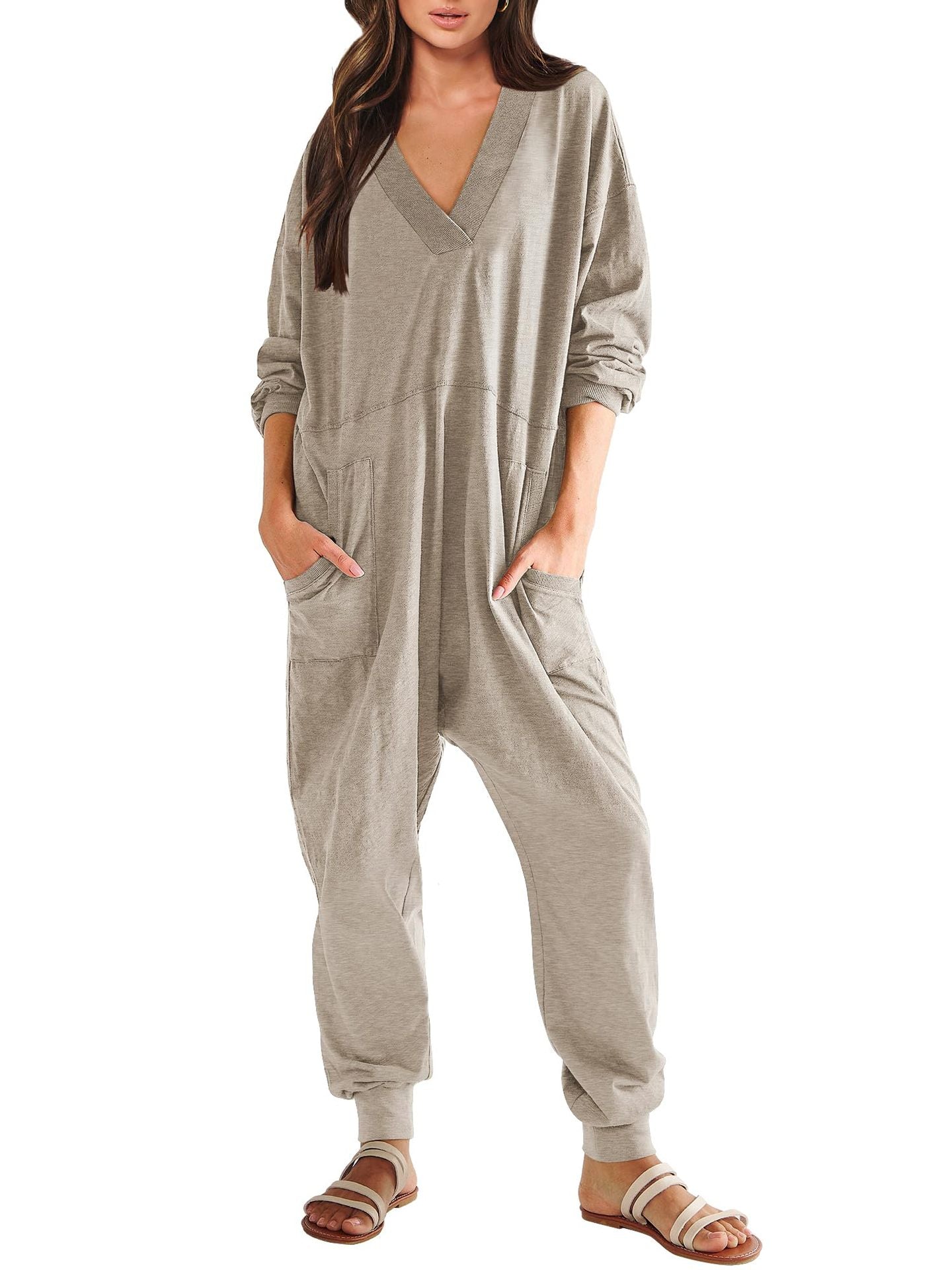 Women’s V-neck long sleeve solid color loose jumpsuit with two side pockets, casualwear by FitiqueFit.