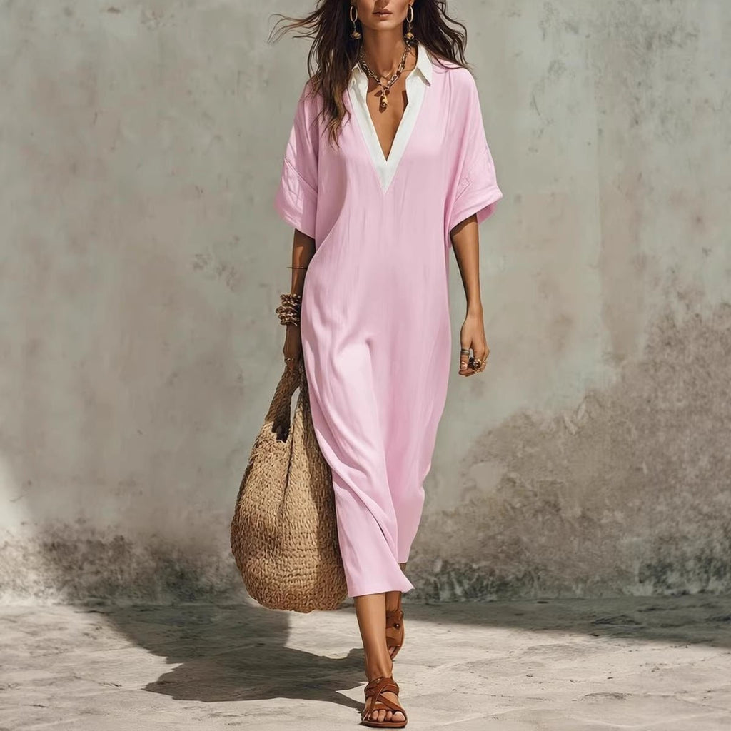 Women's V-neck loose linen midi dress with cropped sleeves and pockets, casualwear by FitiqueFit, perfect for relaxed summer days.