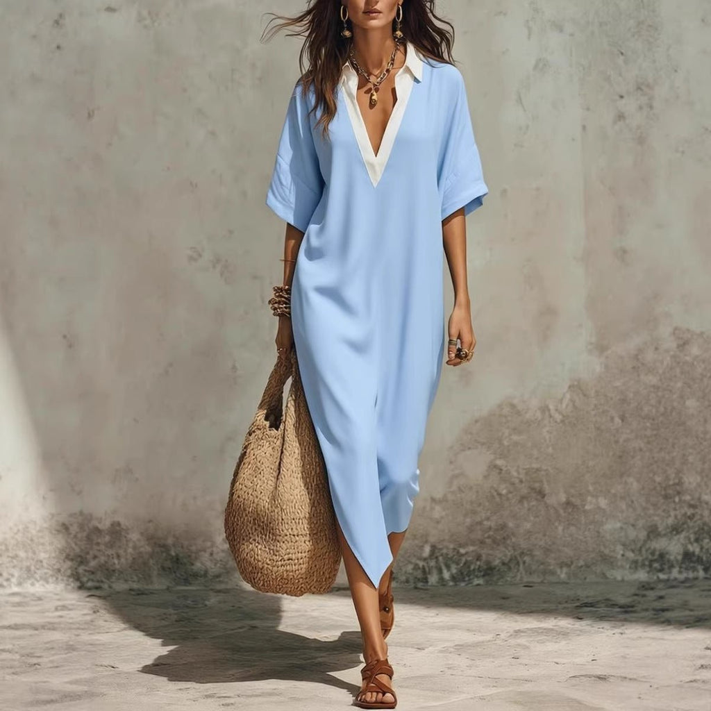 Women's FitiqueFit linen midi dress with V-neck, loose fit, cropped sleeves, and functional pockets for casual wear.