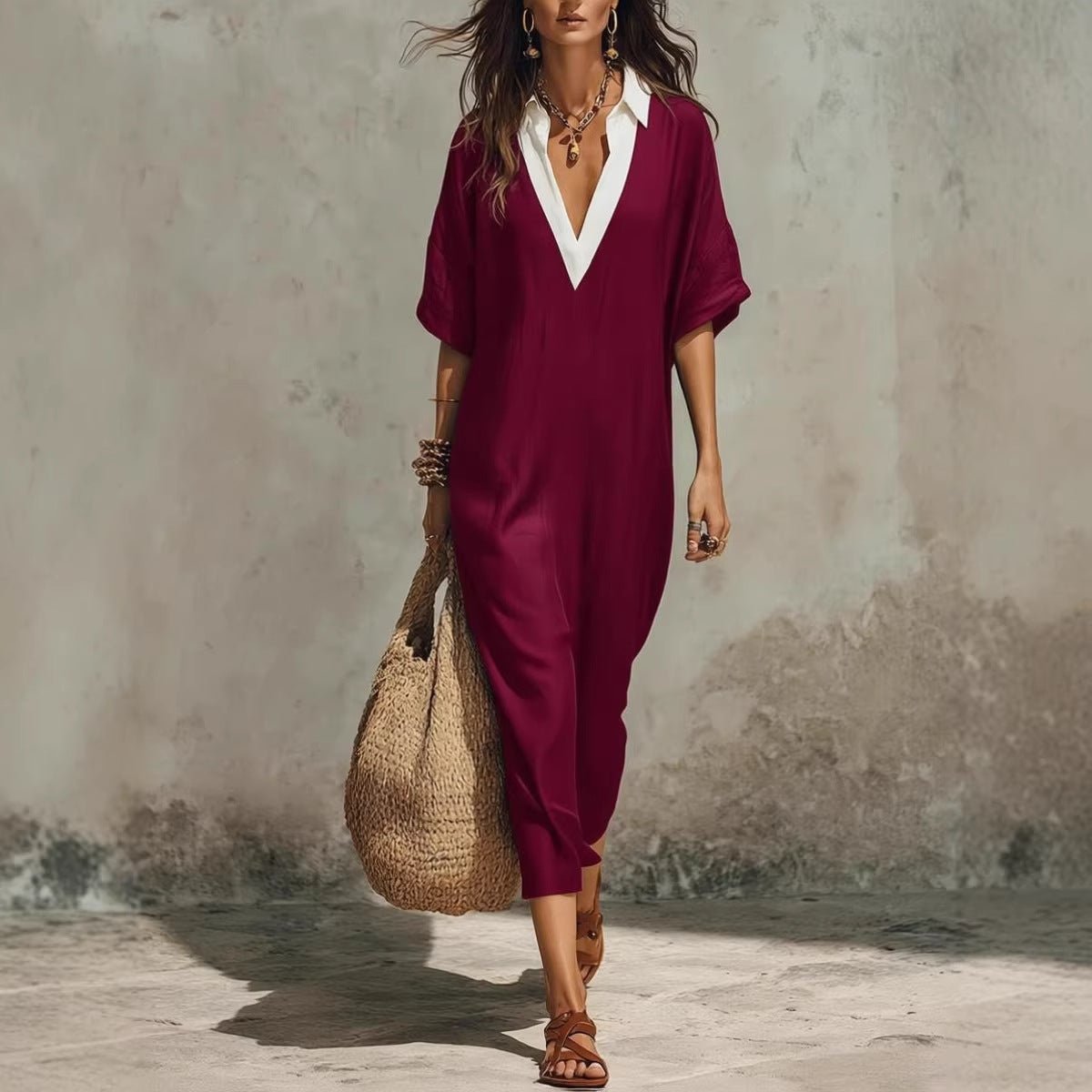 Women's FitiqueFit linen midi dress with V-neck, loose fit, cropped sleeves, side pockets, perfect for casual wear.