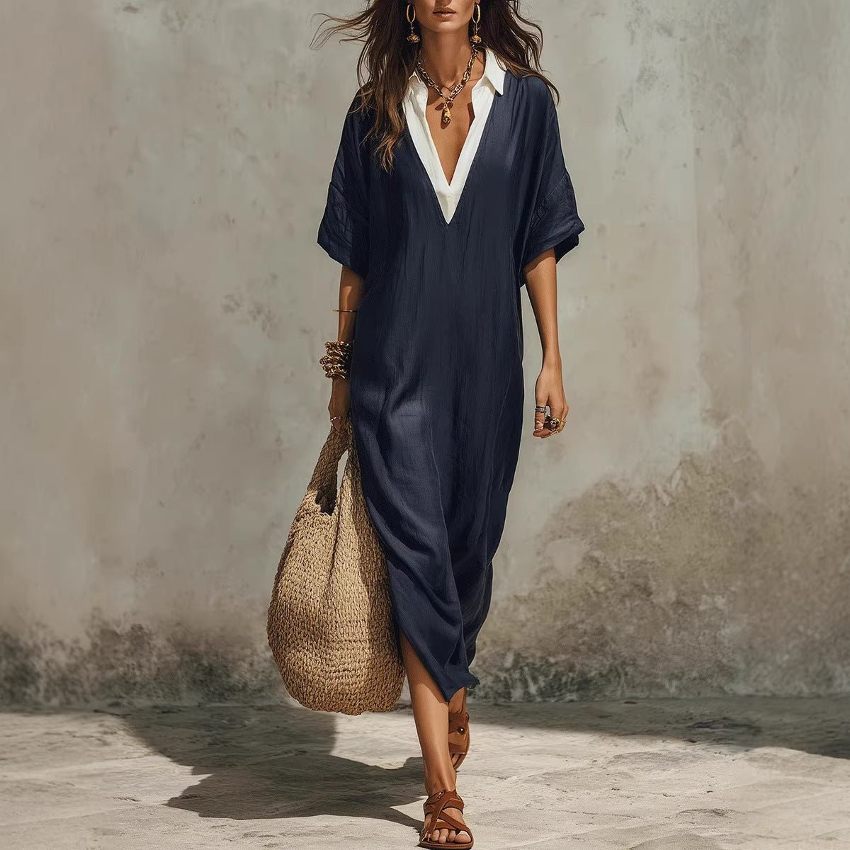 Women's V-neck loose linen midi dress with cropped sleeves and pockets, casualwear by FitiqueFit.