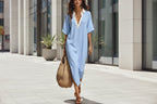 Women's V-neck loose linen midi dress with cropped sleeves and pockets, casualwear by FitiqueFit.