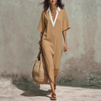 Women's linen midi dress with v-neck, cropped sleeves, loose fit, and pockets, perfect for casualwear by FitiqueFit.
