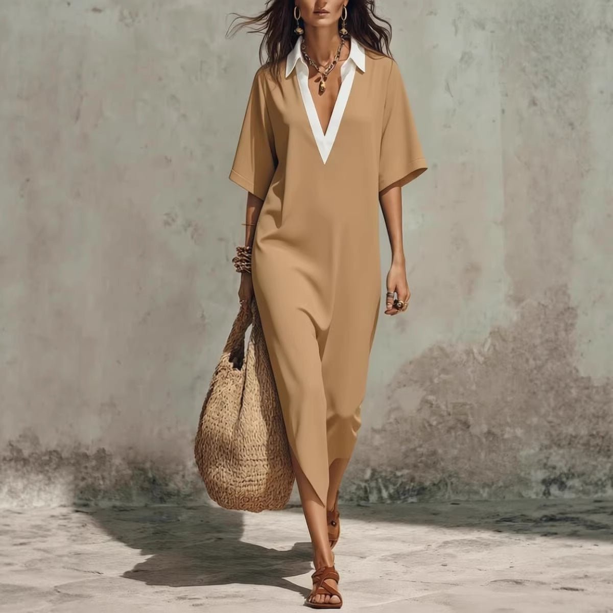 Women's linen midi dress with v-neck, cropped sleeves, loose fit, and pockets, perfect for casualwear by FitiqueFit.