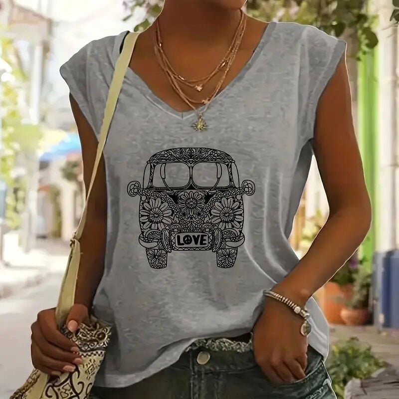 Women's V-neck short sleeve T-shirt by FitiqueFit, casualwear, soft fabric, fitted style, shown on a model.