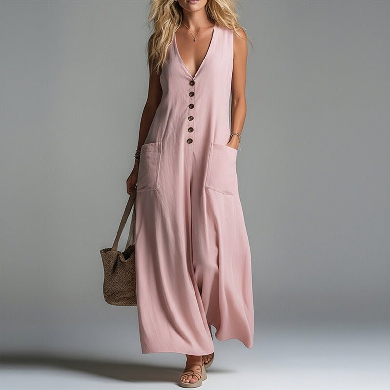 Women's V-neck sleeveless button-up pencil dress by FitiqueFit, casualwear style, shown on a model with a fitted silhouette.