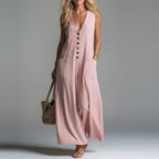 Women's V-neck sleeveless button-up pencil dress by FitiqueFit, casualwear style, shown on a model with a fitted silhouette.